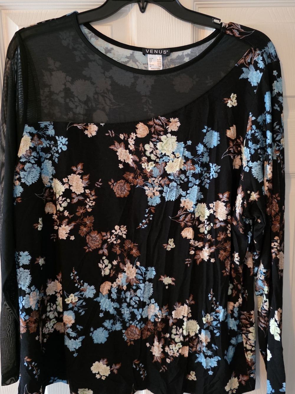 Venus Black Floral Mesh Yoke Long Sleeve Top